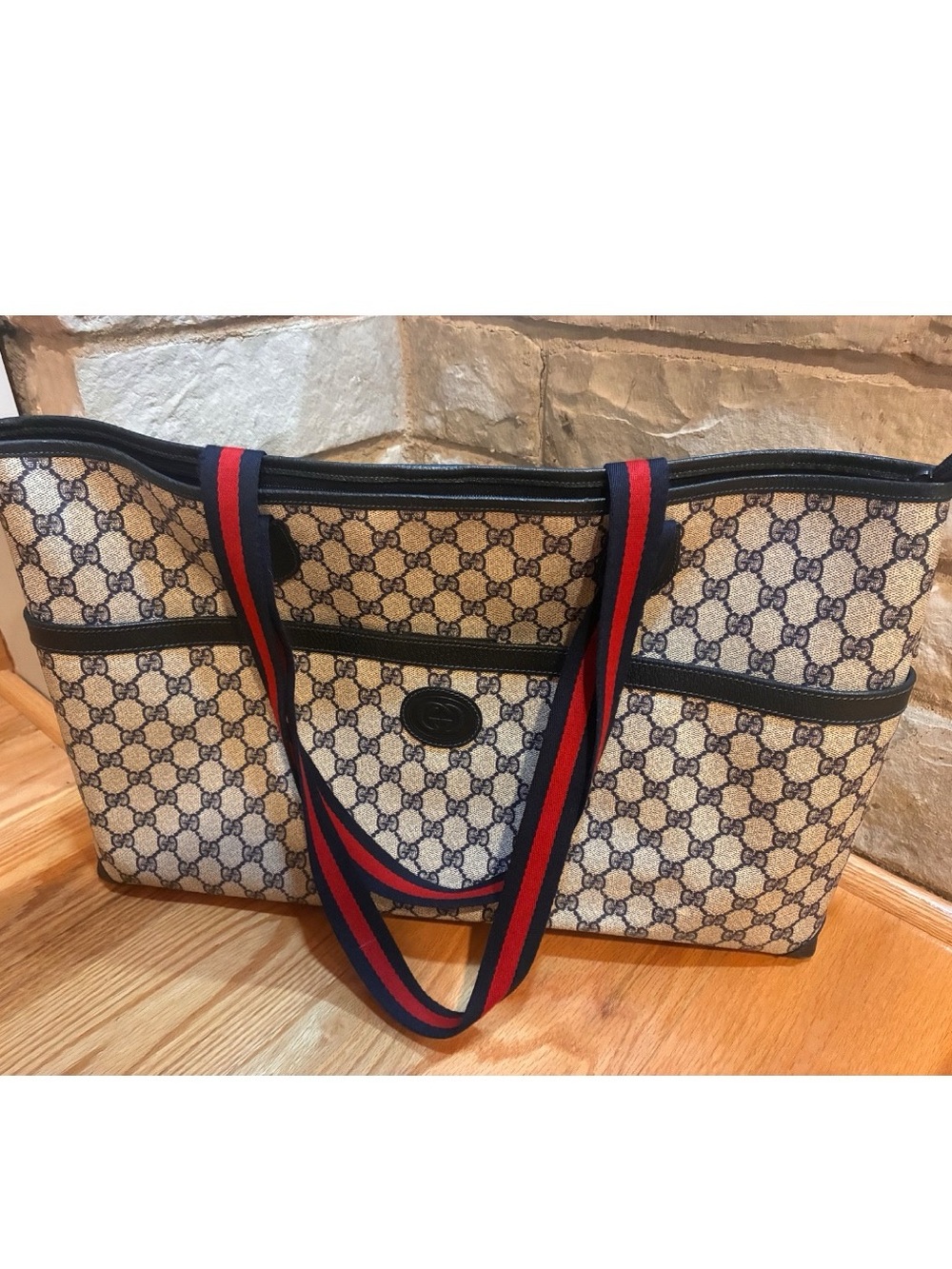 Gucci Beige/Blue GG Canvas Tote with Red and Blue Striped Straps
